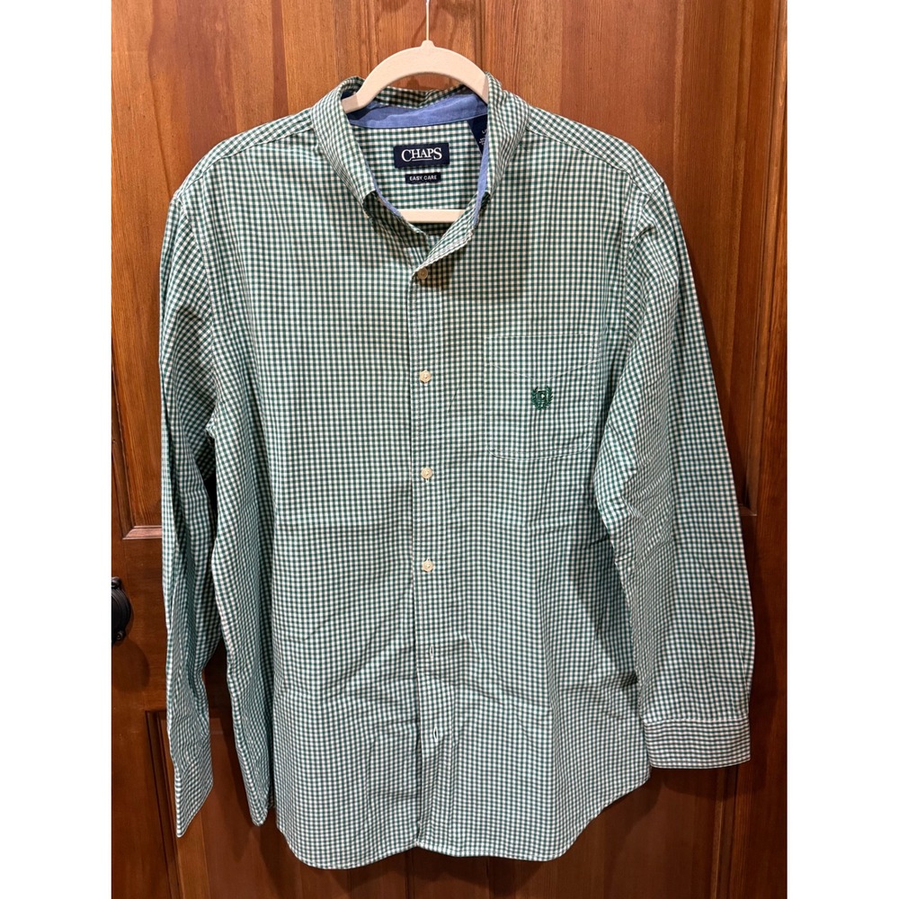 CHAPS Mens Green Gingham Check Easy‎ Care Long Sleeve Button Down Shirt L